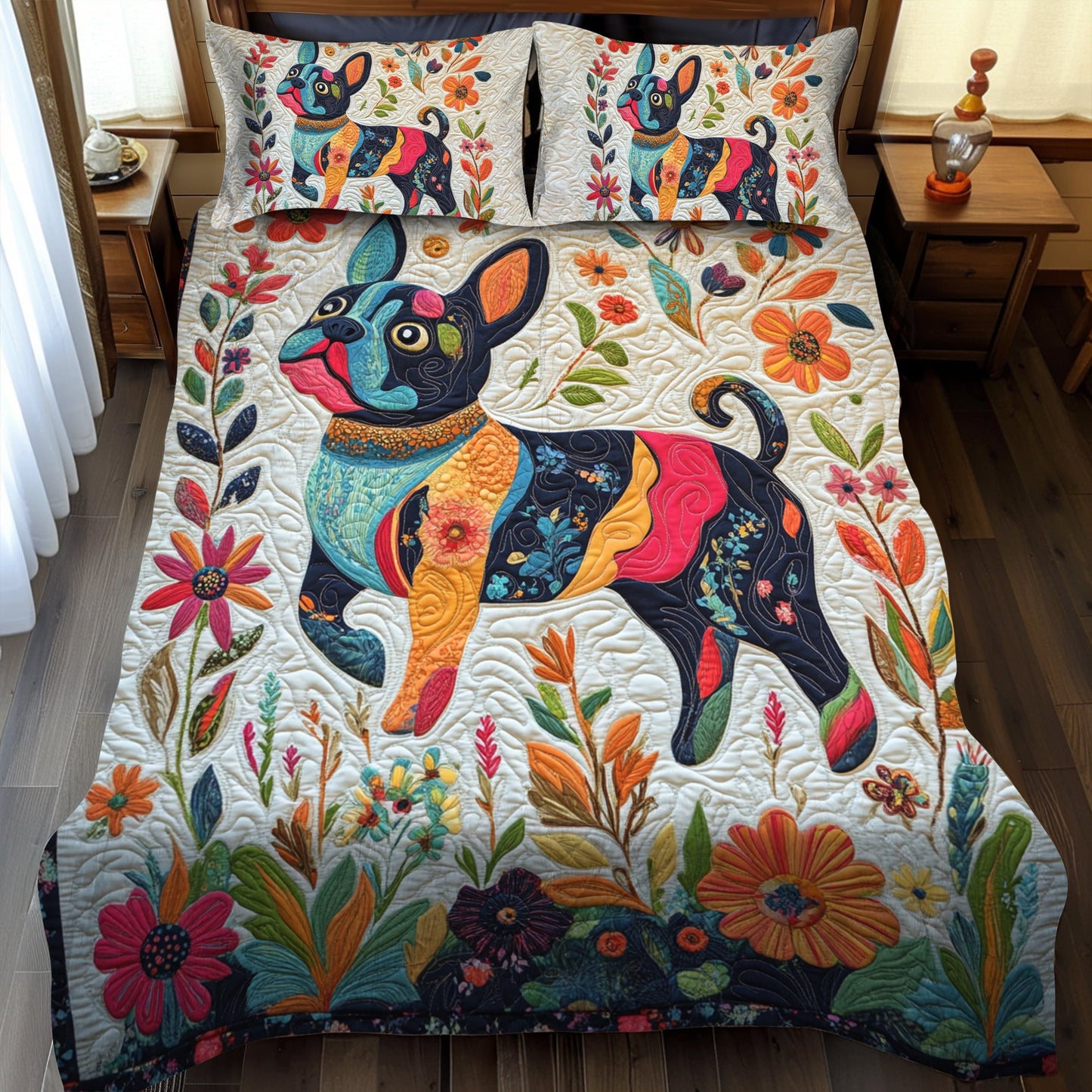 French Bulldog Floral 3-Piece Quilted Bedding Set NCU0PD387