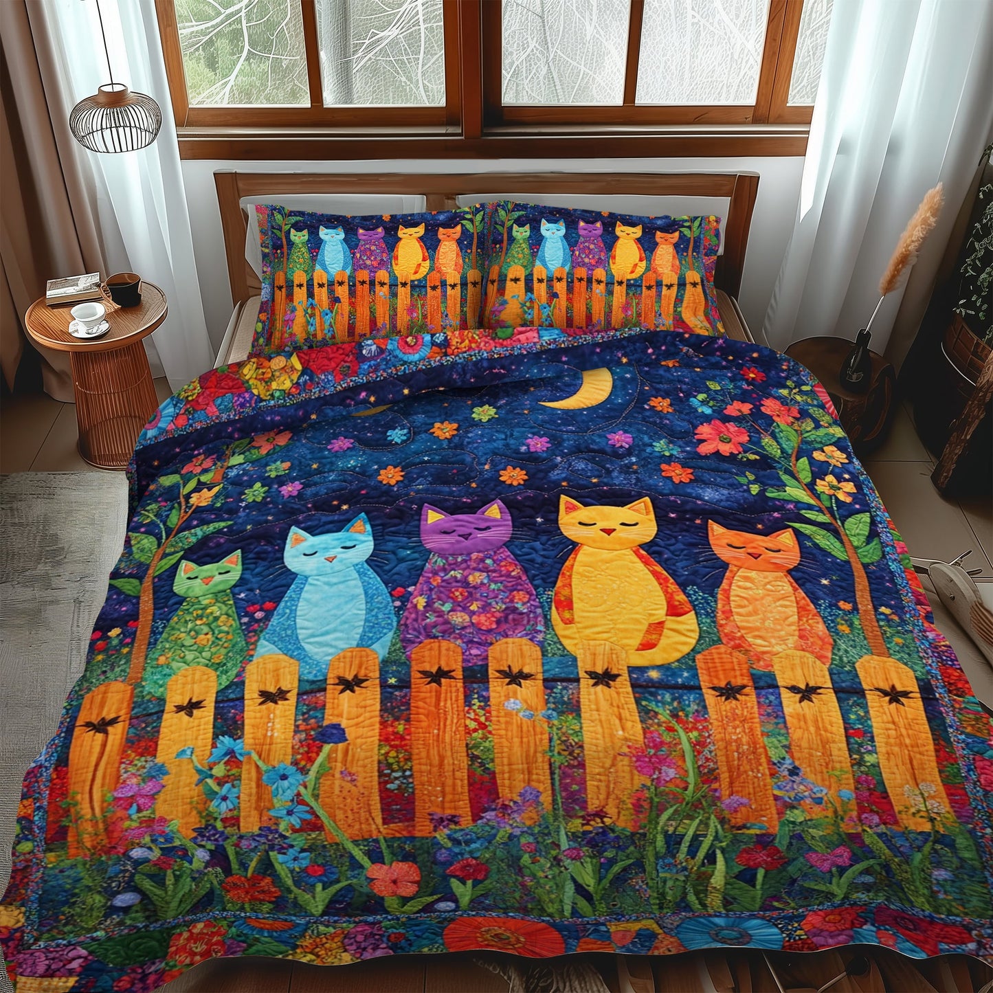 Whimsical Night Cat 3-Piece Quilted Bedding Set NCU0PD430