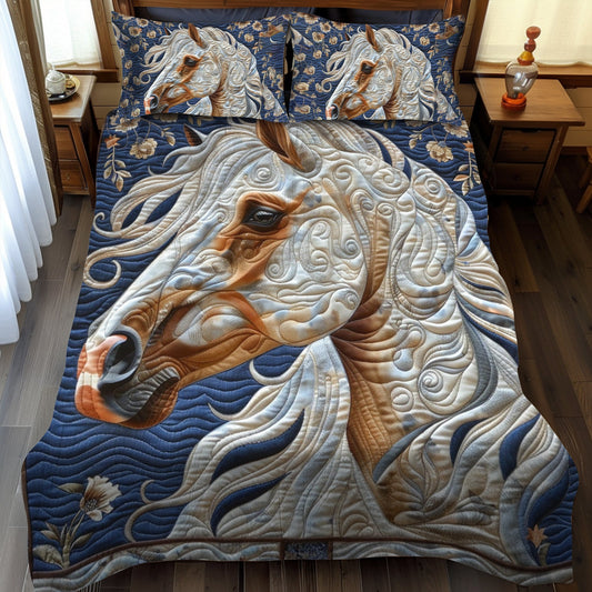 Elegante juego de cama acolchado de 3 piezas con diseño de caballos NCU0PD175