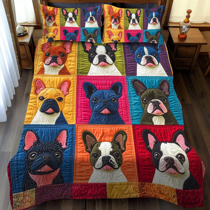 Frenchie Faces Colorful 3-Piece Quilted Bedding Set NCU0PD390