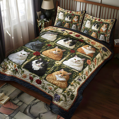 Floral Colorful Cats 3-Piece Quilted Bedding Set NCU0PD432