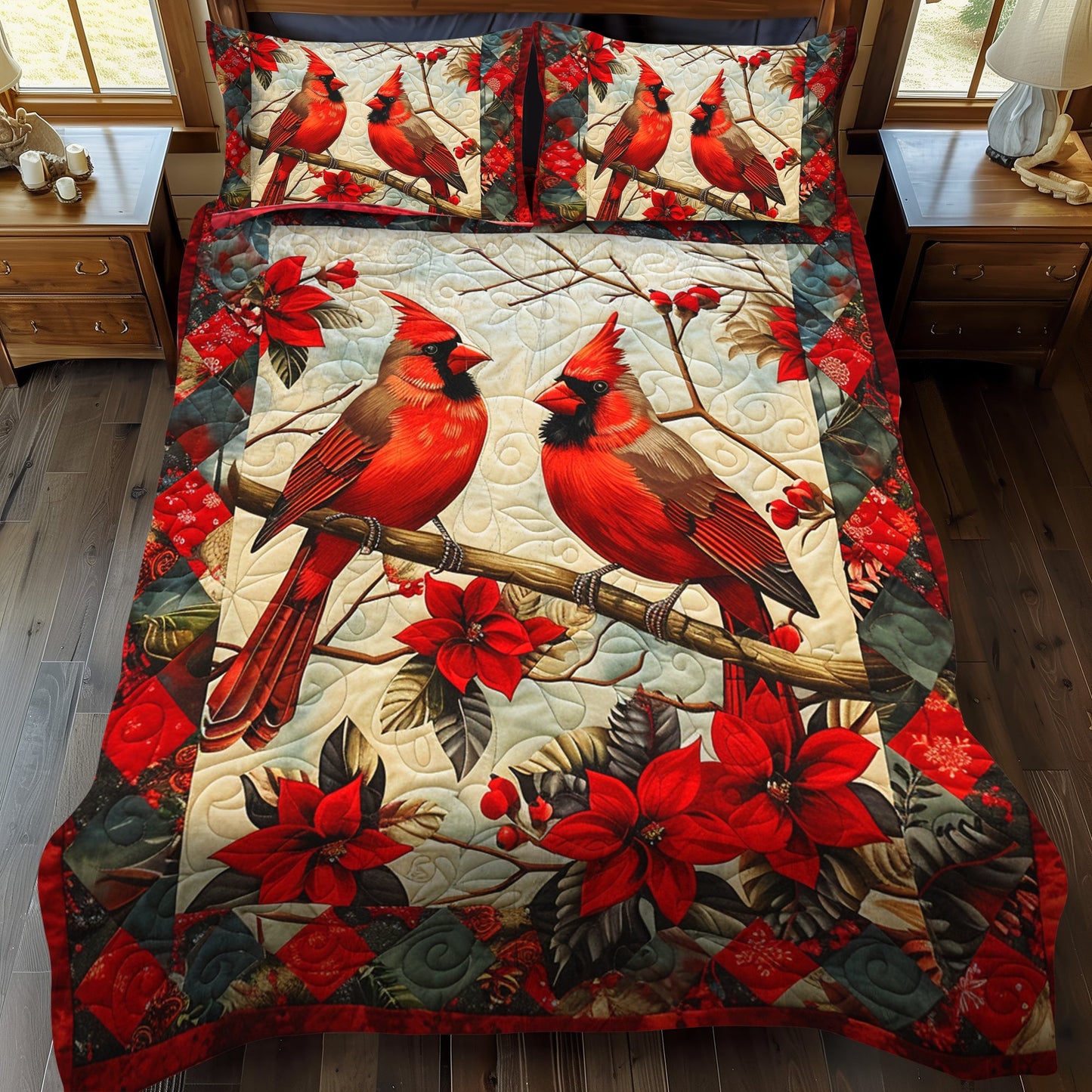 Red Cardinal Winter  3-Piece Quilted Bedding Set NCU0PD202