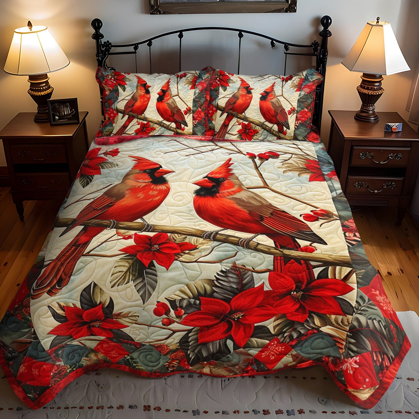 Red Cardinal Winter  3-Piece Quilted Bedding Set NCU0PD202