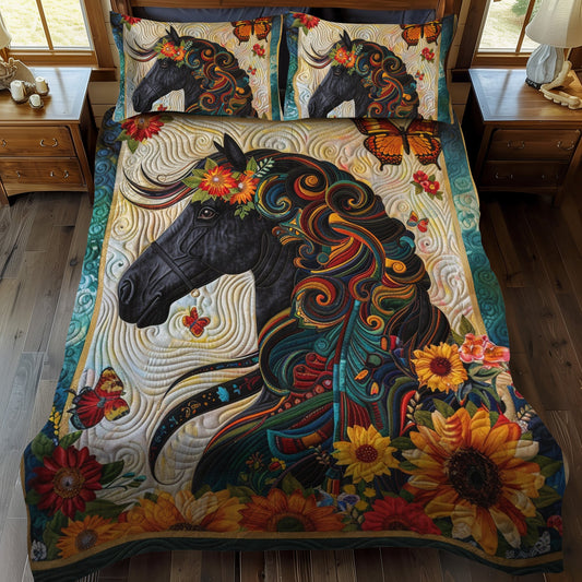 Juego de cama acolchado de 3 piezas con motivos florales y caballos NCU0PD165