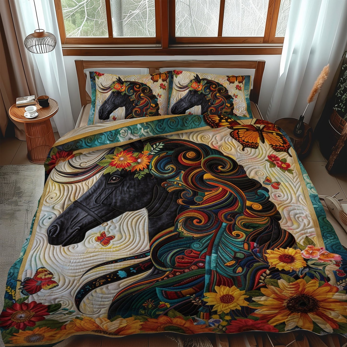 Floral Horse-Themed 3-Piece Quilted Bedding Set NCU0PD165