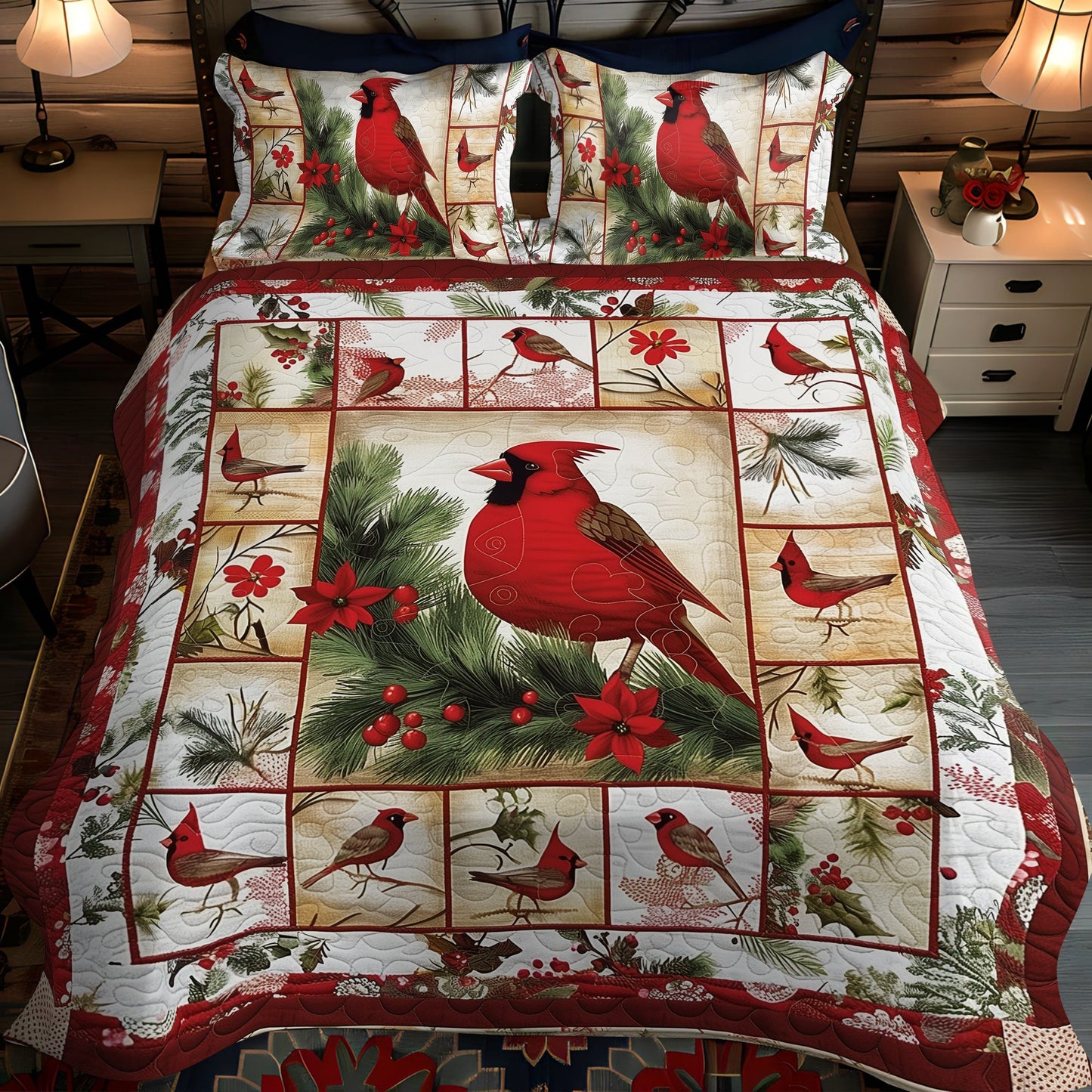 Cardinal Design 3-Piece Quilted Bedding Set NCU0PD204