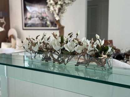 36″ Casa Moderna glass plate planter with white magnolias