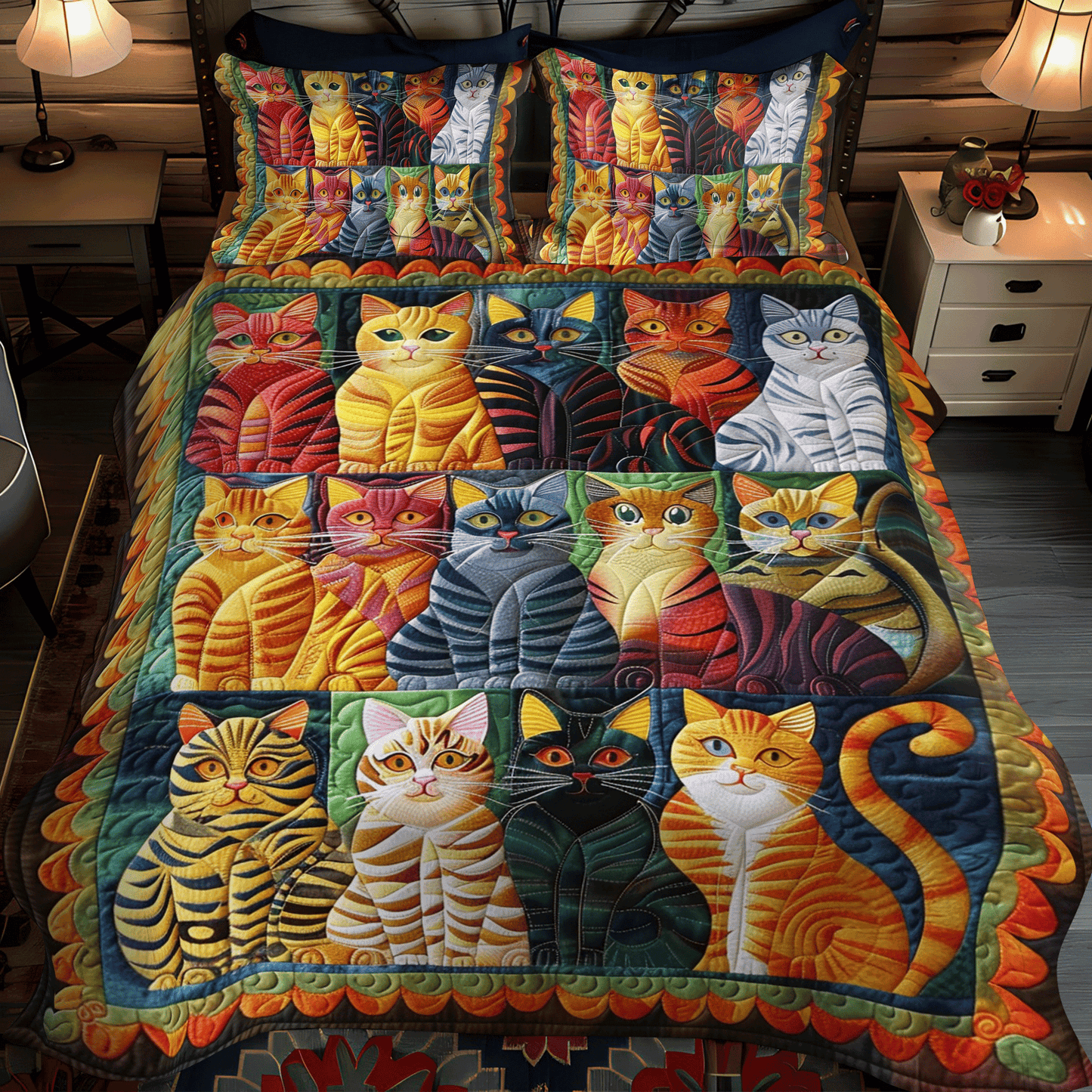 Juego de cama acolchado de 3 piezas con gatos multicolores NCU0PD322