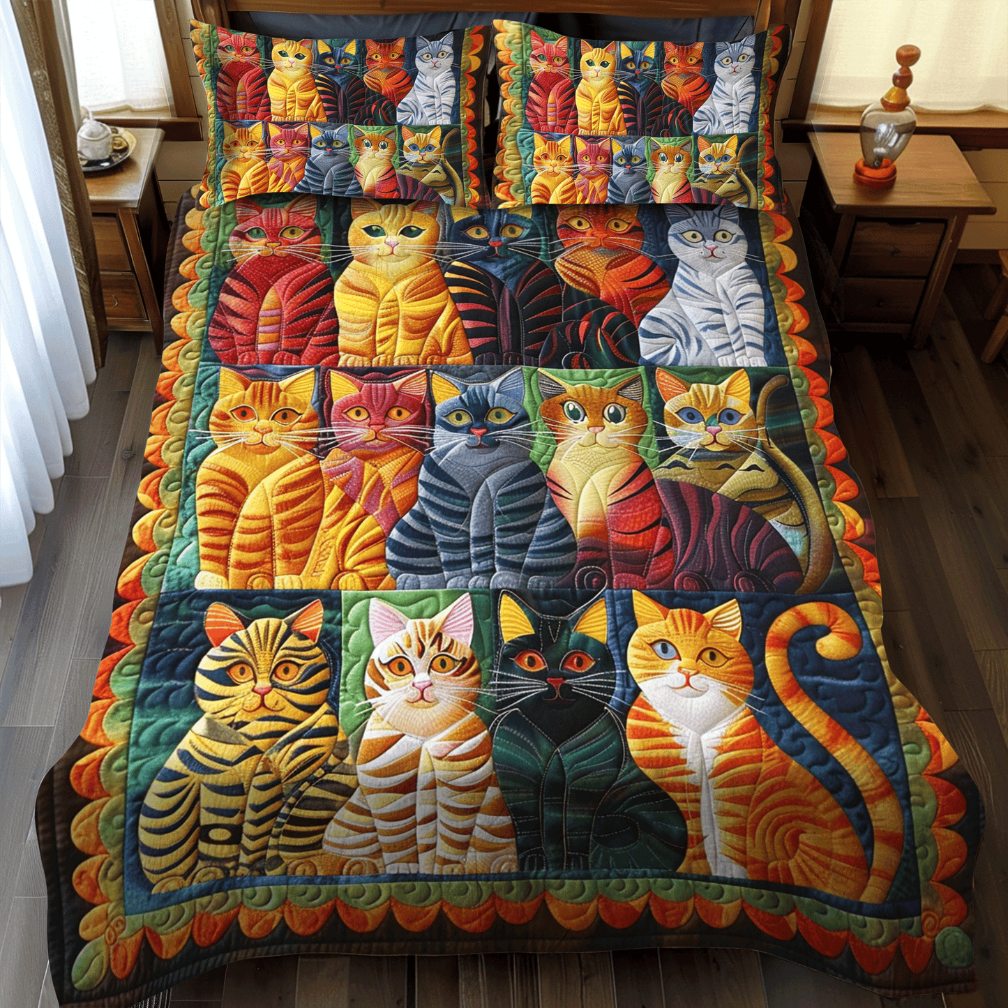 Juego de cama acolchado de 3 piezas con gatos multicolores NCU0PD322