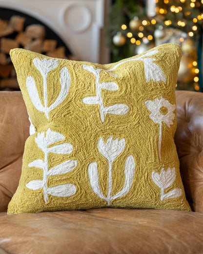 Peggy Embroidered Organic Cotton Floral Throw Pillow