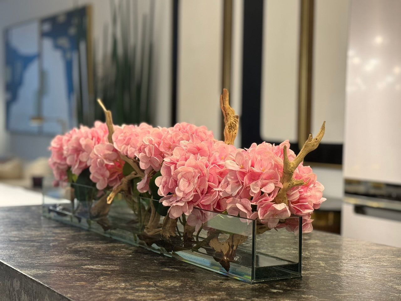 Casa Moderna Glass Plate Planter with Hydrangeas and Driftwood