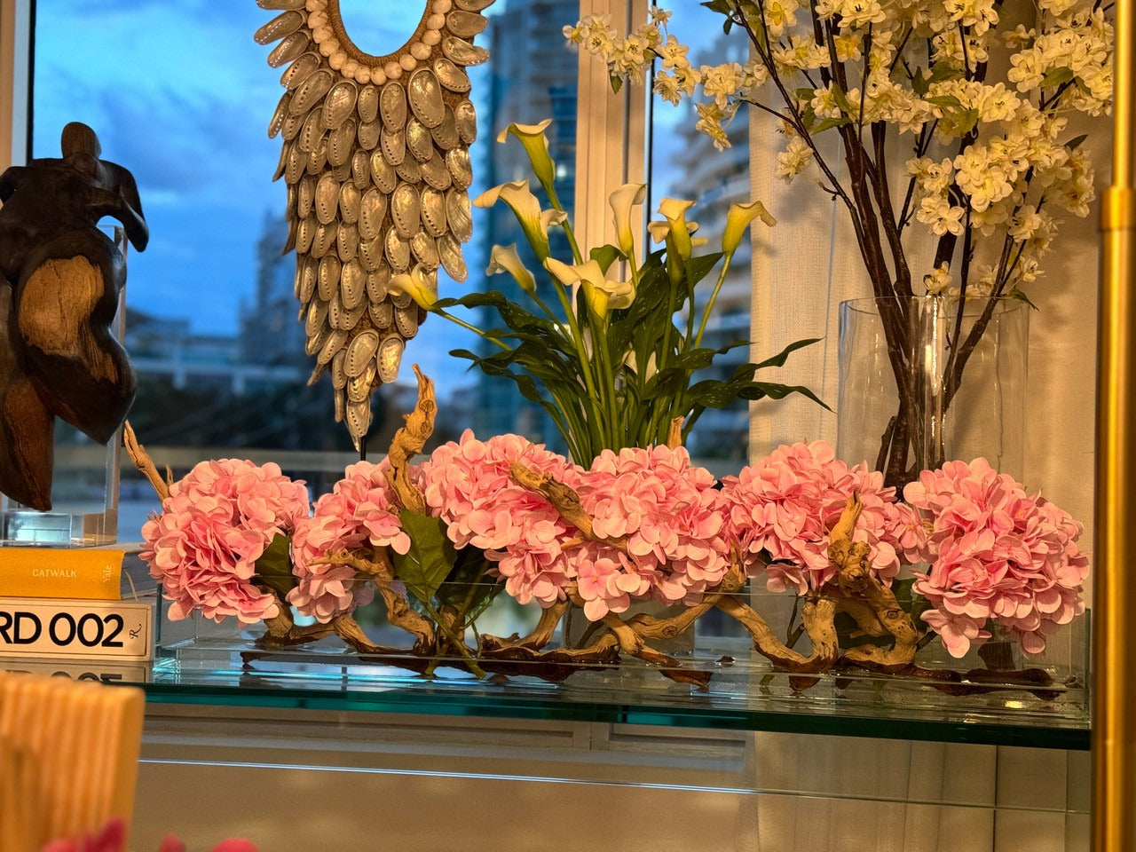 Casa Moderna Glass Plate Planter with Hydrangeas and Driftwood