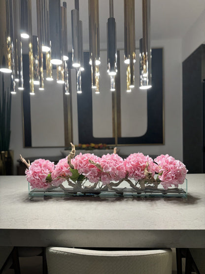 Casa Moderna Glass Plate Planter with Hydrangeas and Driftwood