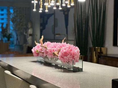 Casa Moderna Glass Plate Planter with Hydrangeas and Driftwood