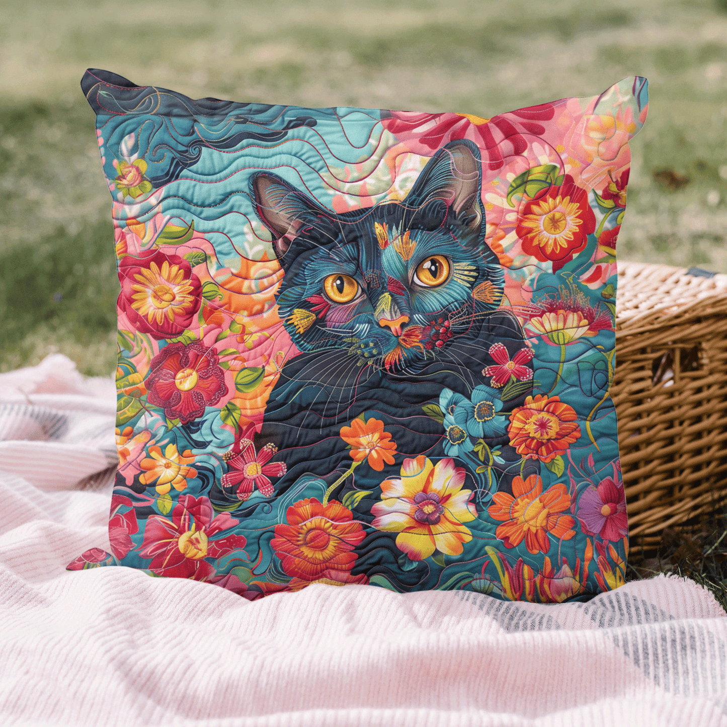 Playful Floral Cat Quilted Pillow Case NCU0PD480