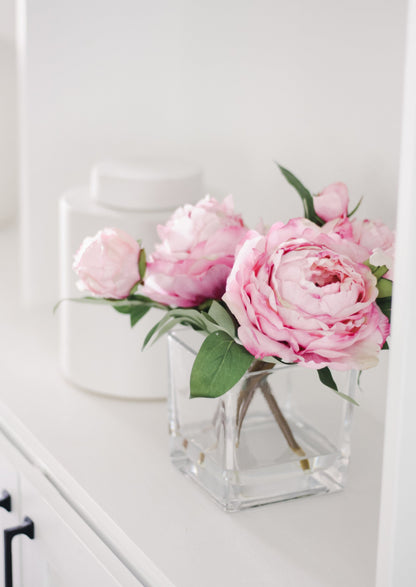 Small Pink Faux Peony Arrangement in Glass Vase - 9"