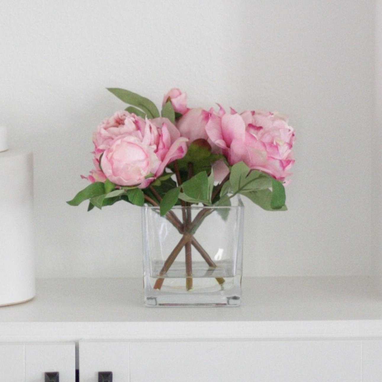 Small Pink Faux Peony Arrangement in Glass Vase - 9"