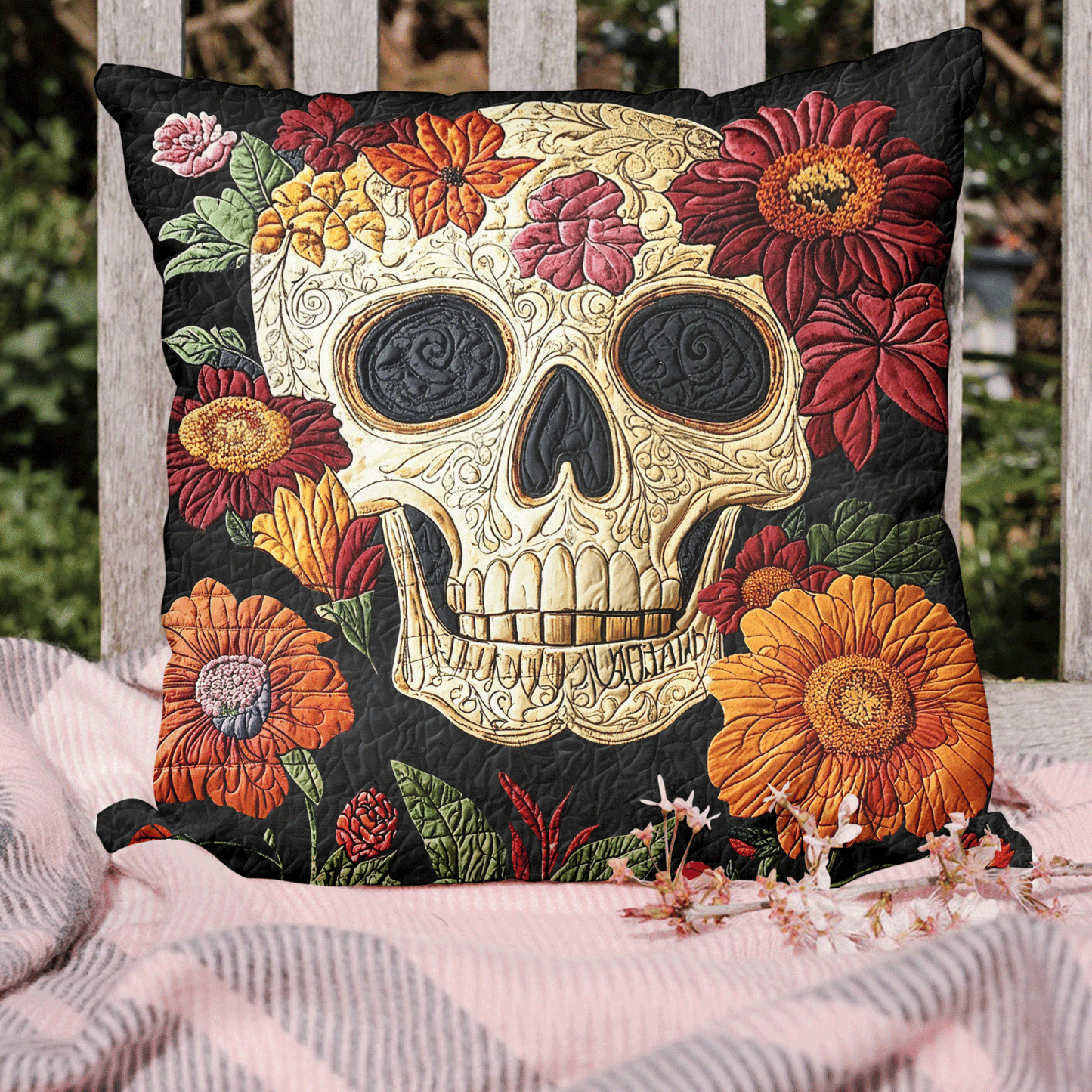 Floral Skull Charm Quilted Pillow Case NCU0TL1972