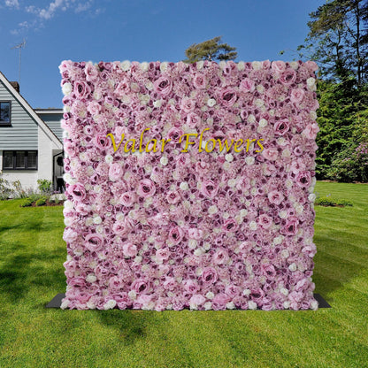 Roll Up Fabric Artificial Mix Purple Rose and White Flower Wall Wedding Backdrop, Floral Party Decor, Event Photography-VF-048-3