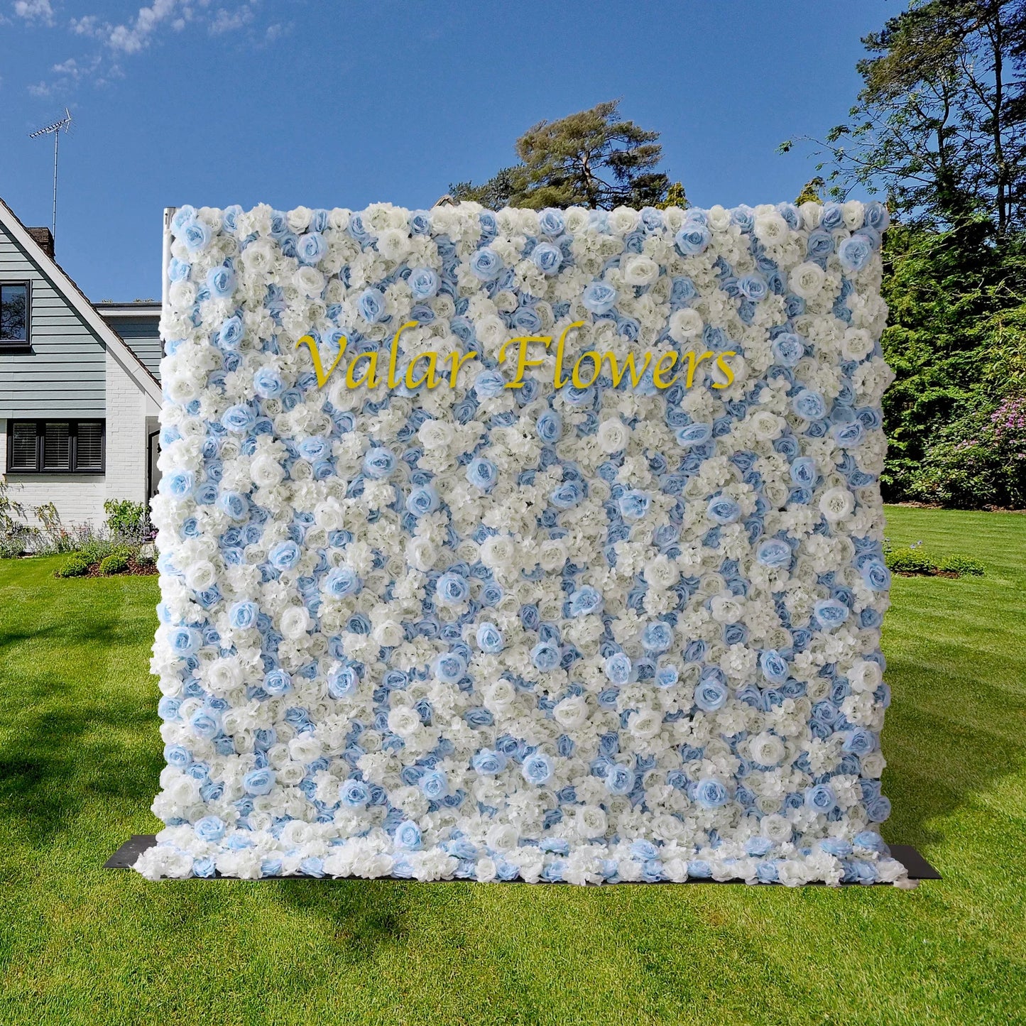 Roll Up Fabric Artificial Flower Baby Blue and White Wall Wedding Backdrop, Floral Party Decor, Event Photography-VF-025