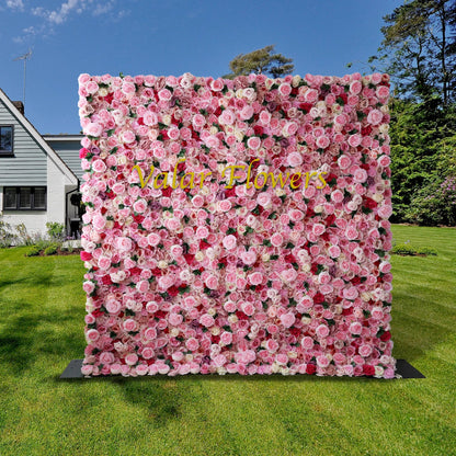 Roll Up Fabric Artificial Mix Rose Red and Pink Flower Wall Wedding Backdrop, Floral Party Decor, Event Photography-VF-041