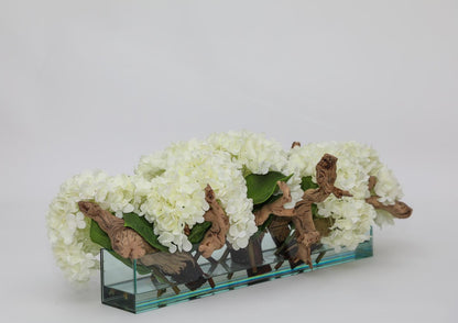 Casa Moderna Glass Plate Planter with Hydrangeas and Driftwood