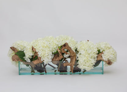 Casa Moderna Glass Plate Planter with Hydrangeas and Driftwood